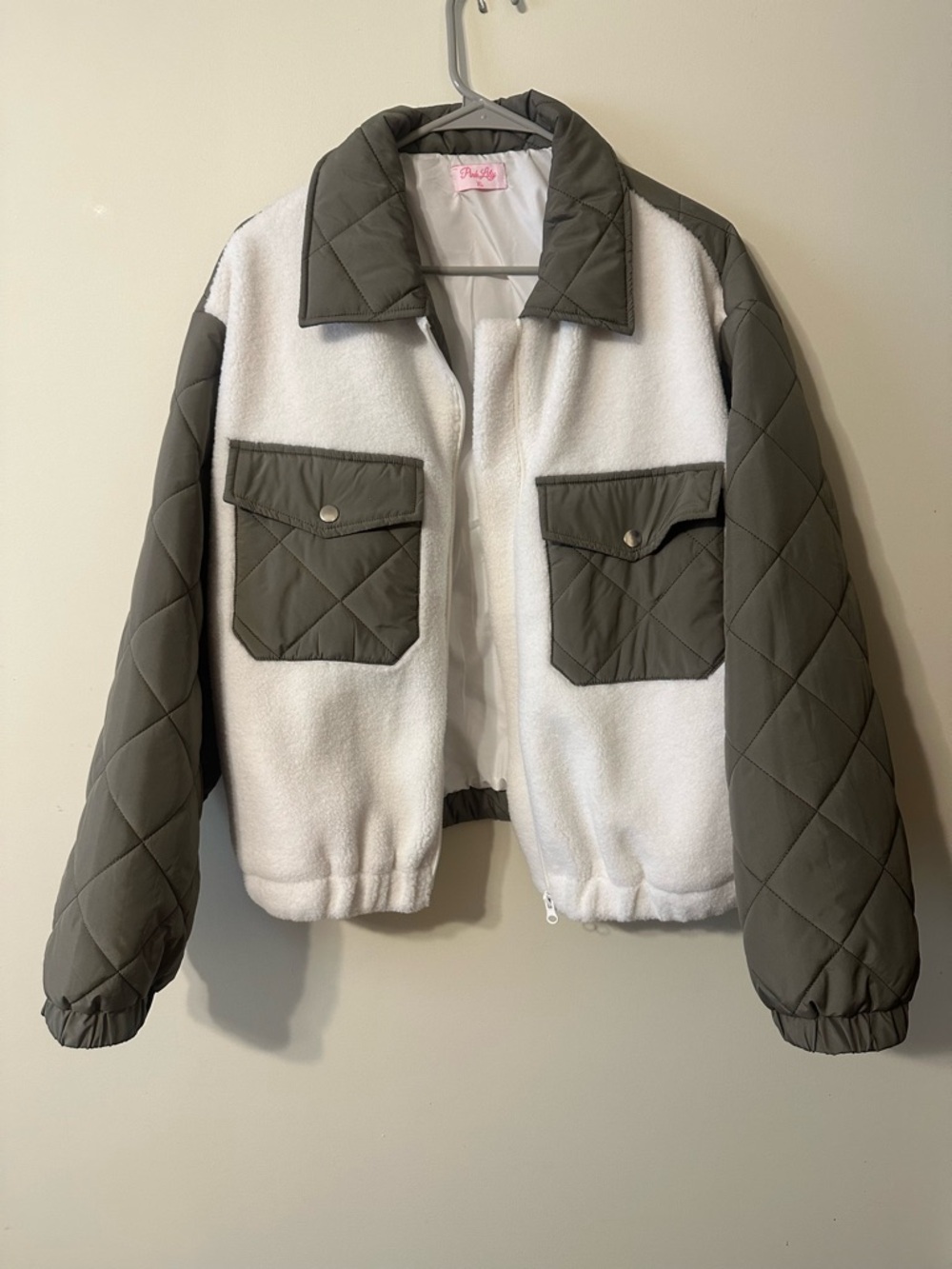 Pink Lily Two-Tone Quilted Sleeve & Fleece Body Jacket - White & Olive